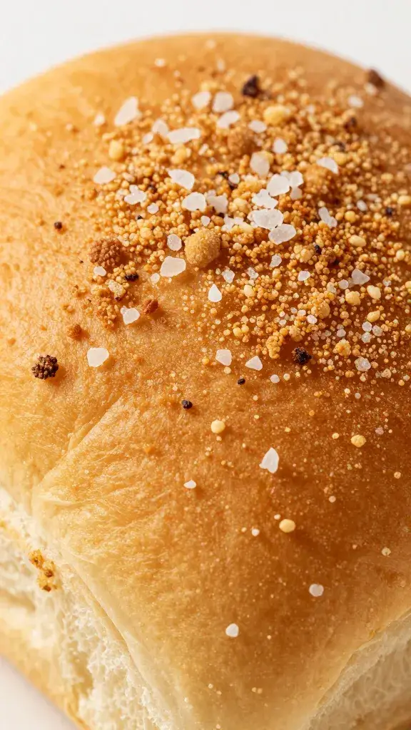 macro shot of golden crusted Hawaiian roll with sea salt flakes