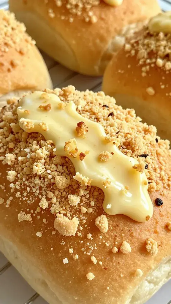 closeup interior crumb of Hawaiian roll soaked in garlic butter