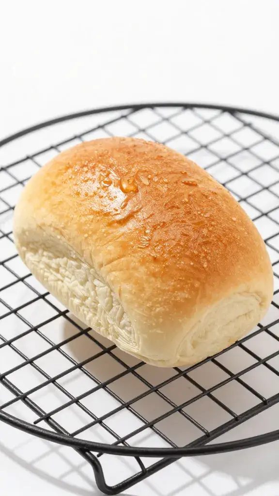 single brushed Hawaiian roll on wire rack, crisp top shimmer