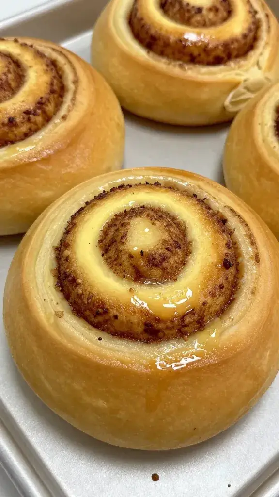 golden-brown cinnamon roll center with cheesecake filling