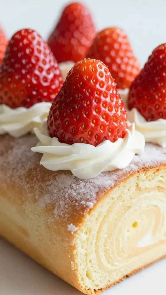 closeup strawberries atop frosted Cinnabon roll