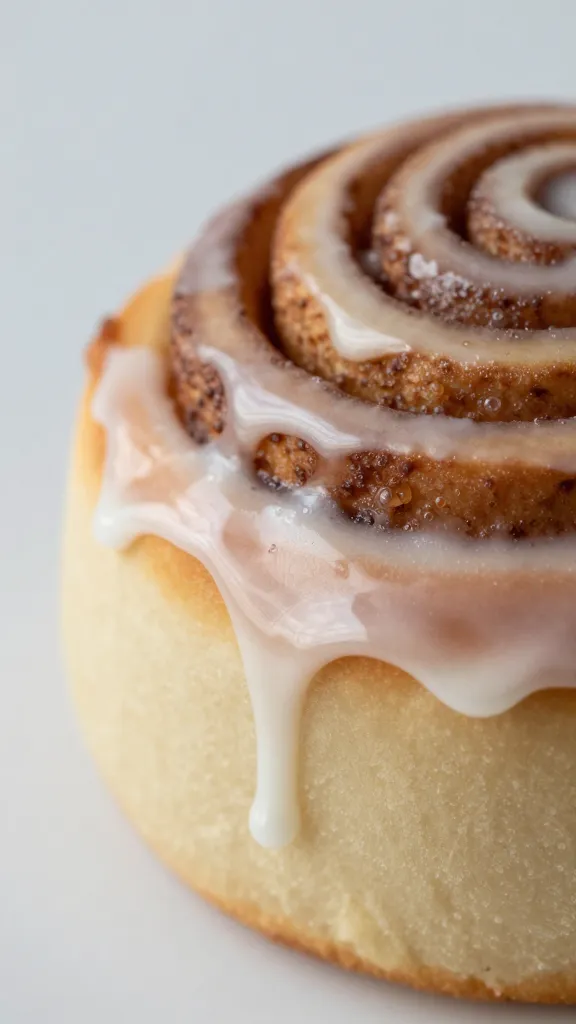 glossy icing drip on cinnamon roll edge