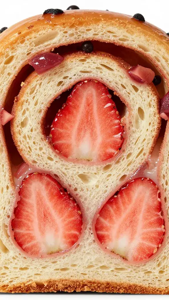 strawberry-studded cinnamon roll cross-section closeup