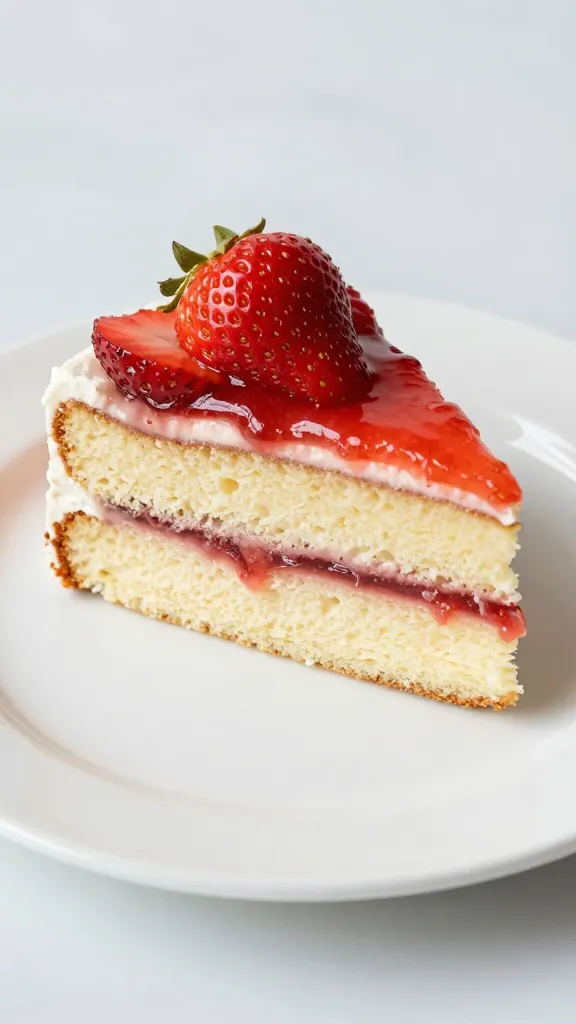 slice of vanilla cake with strawberry filling on white plate