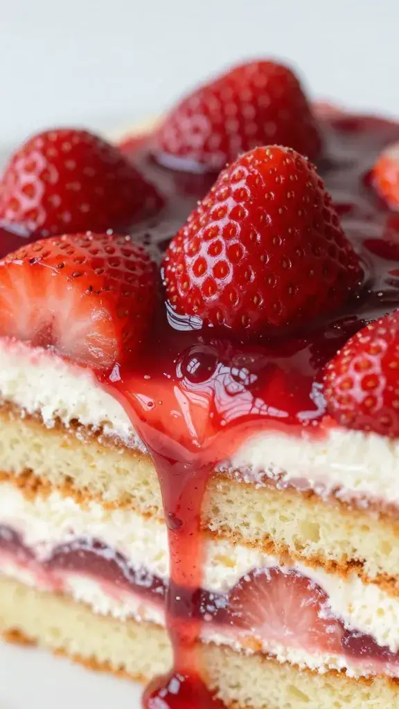 closeup of fresh strawberry compote oozing between cake layers