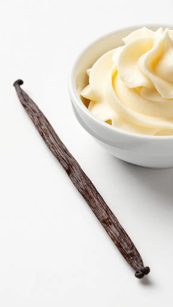 single vanilla bean pod beside bowl of vanilla buttercream