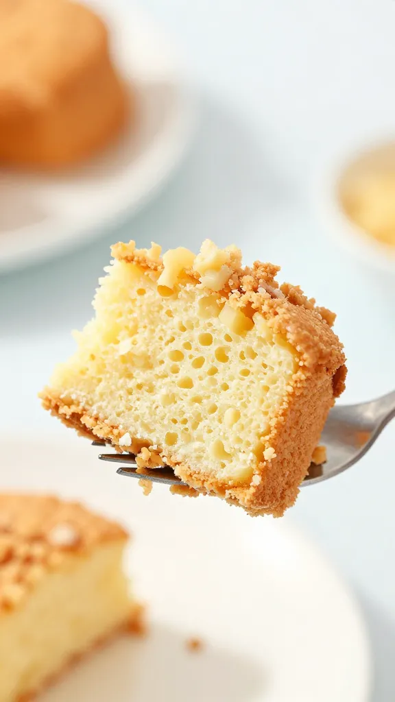 crumb shot of tender vanilla cake interior on fork