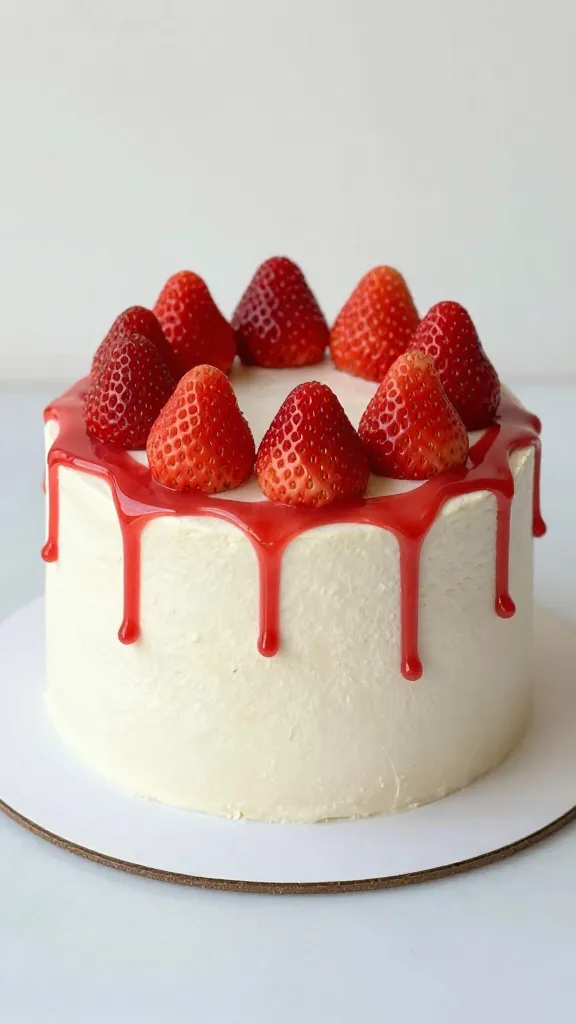 single 8-inch frosted vanilla cake with strawberry drip