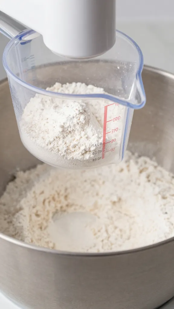 measuring cup of all-purpose flour dusting mixer bowl closeup