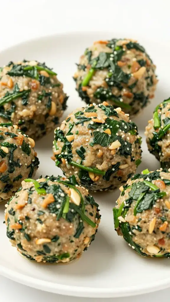 closeup of spinach and garlic meatball on white plate