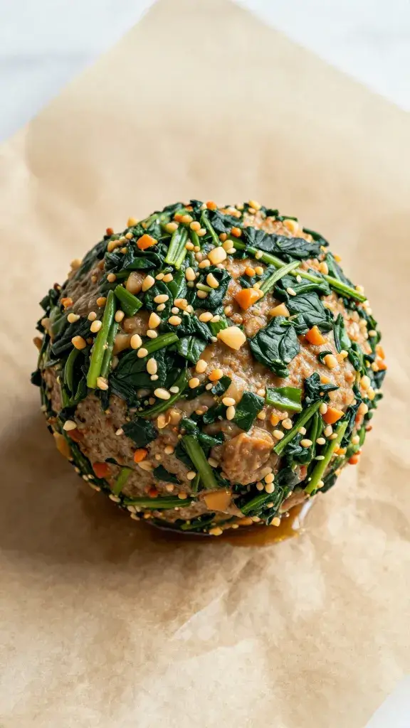 single baked spinach-garlic meatball on parchment