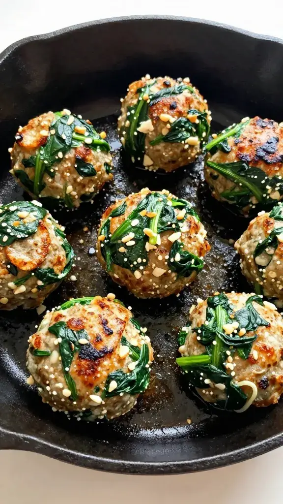 pan-seared spinach garlic meatball in cast iron