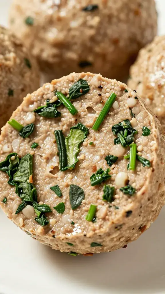 meatball sliced open showing spinach flecks, macro shot