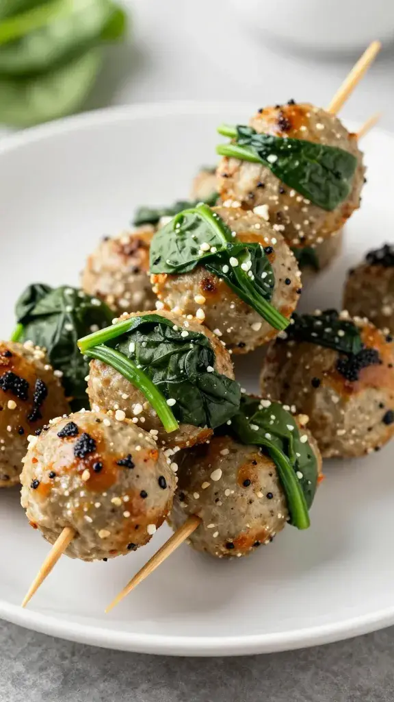 spinach garlic meatball skewered, shallow depth of field