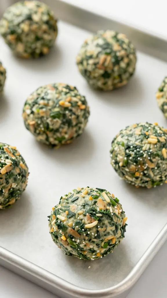 unbaked spinach garlic meatball on sheet tray, raw texture