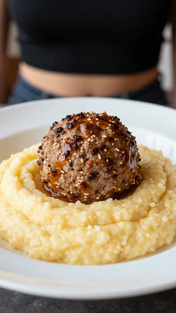 meatball resting on creamy polenta, tight crop