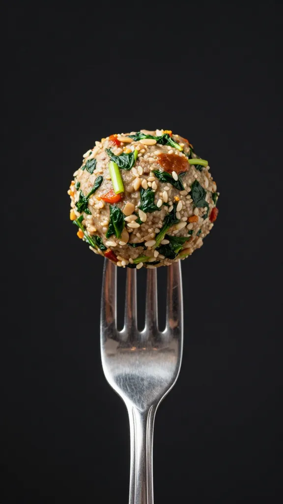 spinach-studded meatball on fork, studio lighting