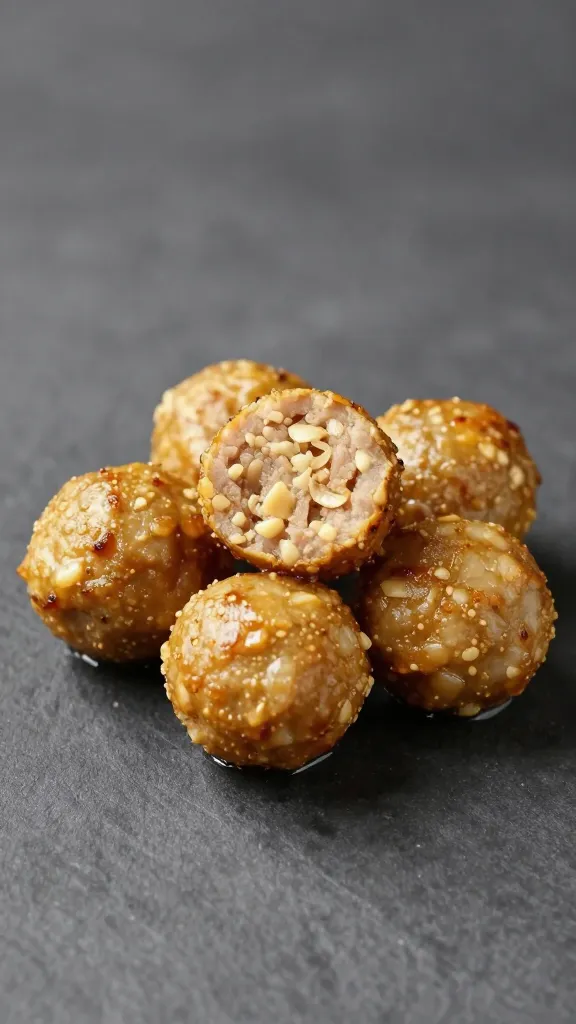 golden meatball with visible minced garlic, matte background
