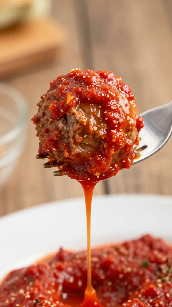 single classic Italian meatball on fork, marinara drip