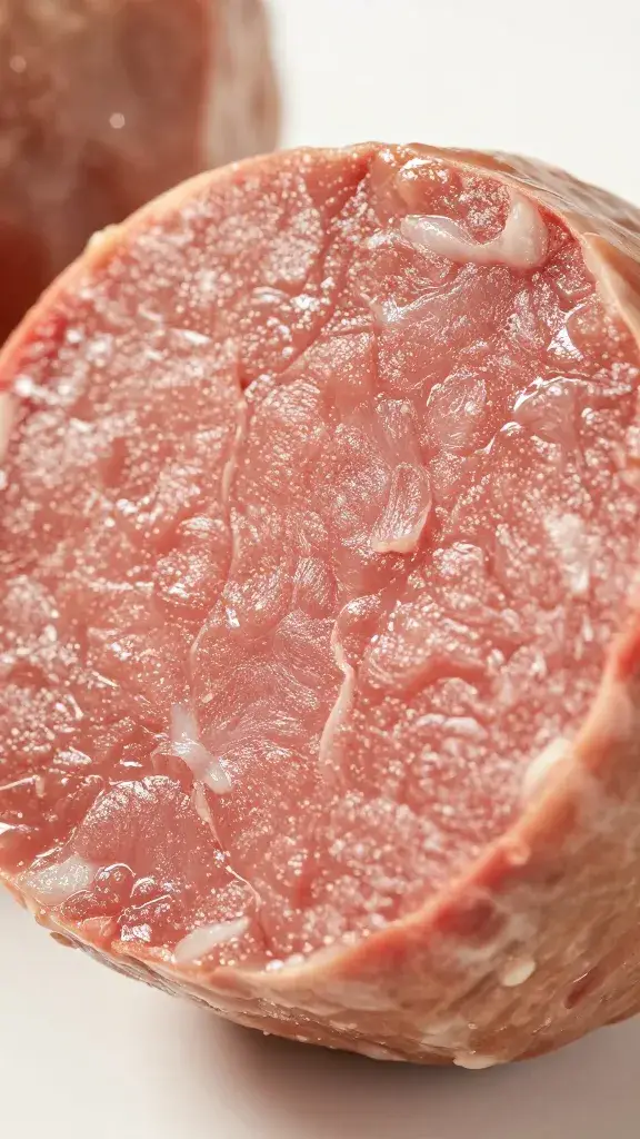 closeup beef-and-pork meatball cross-section, juicy interior