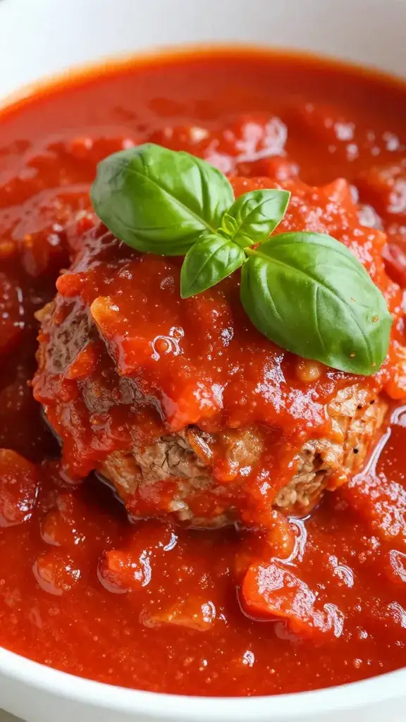 single meatball simmering in tomato sauce, basil leaf