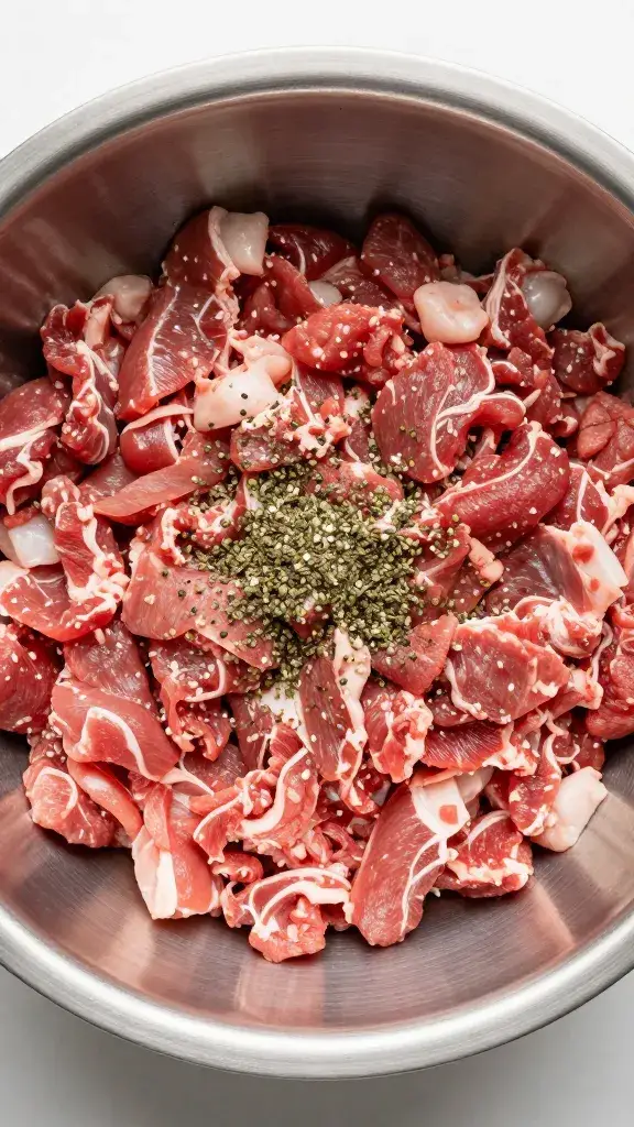 raw meat blend in stainless bowl, speckled herbs