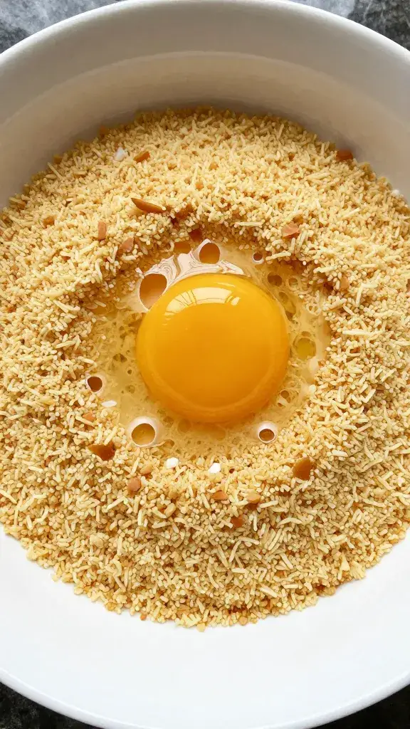 egg cracked over breadcrumbs, binder in progress