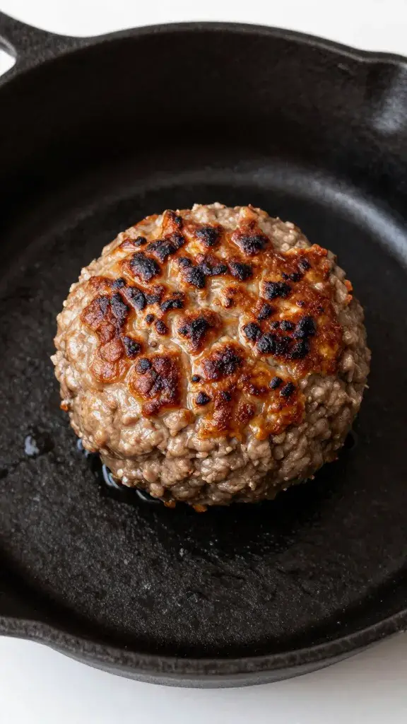 cast-iron skillet with one browned meatball center