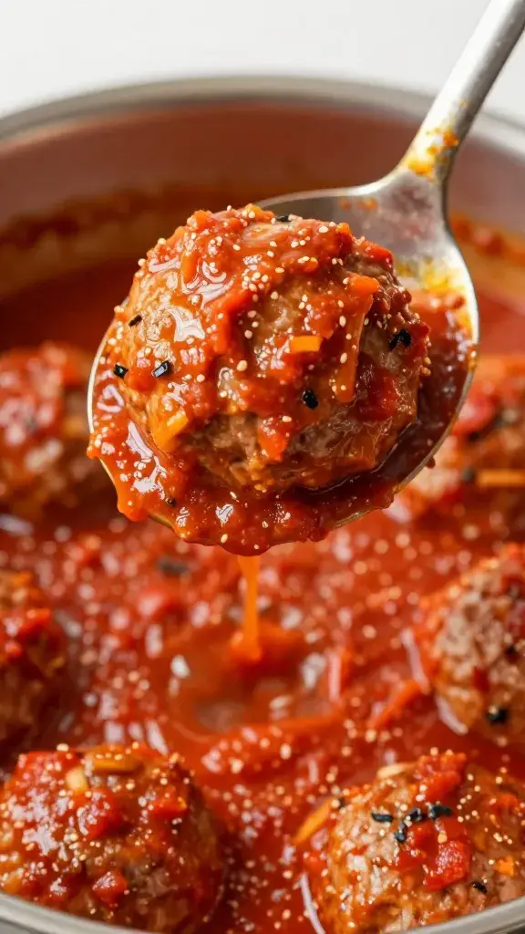 ladle lifting one meatball from red sauce