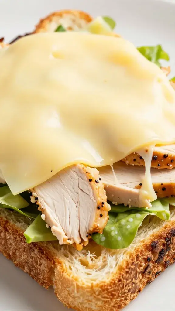 closeup chicken salad melt on toasted sourdough, gruyère stretch