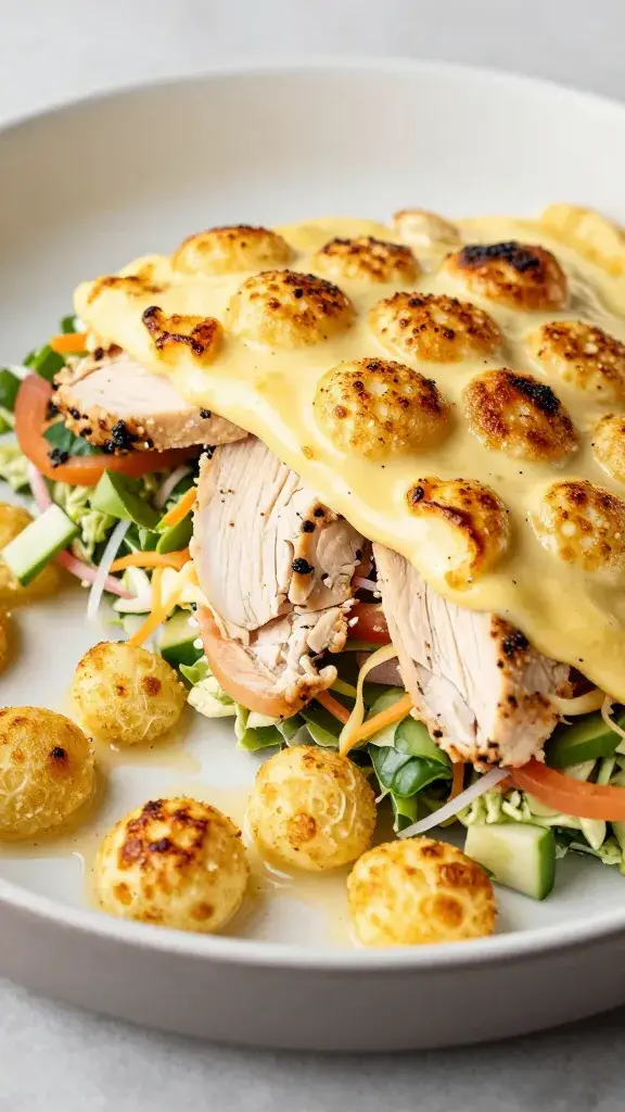 open-faced chicken salad melt, broiled gruyère bubbles