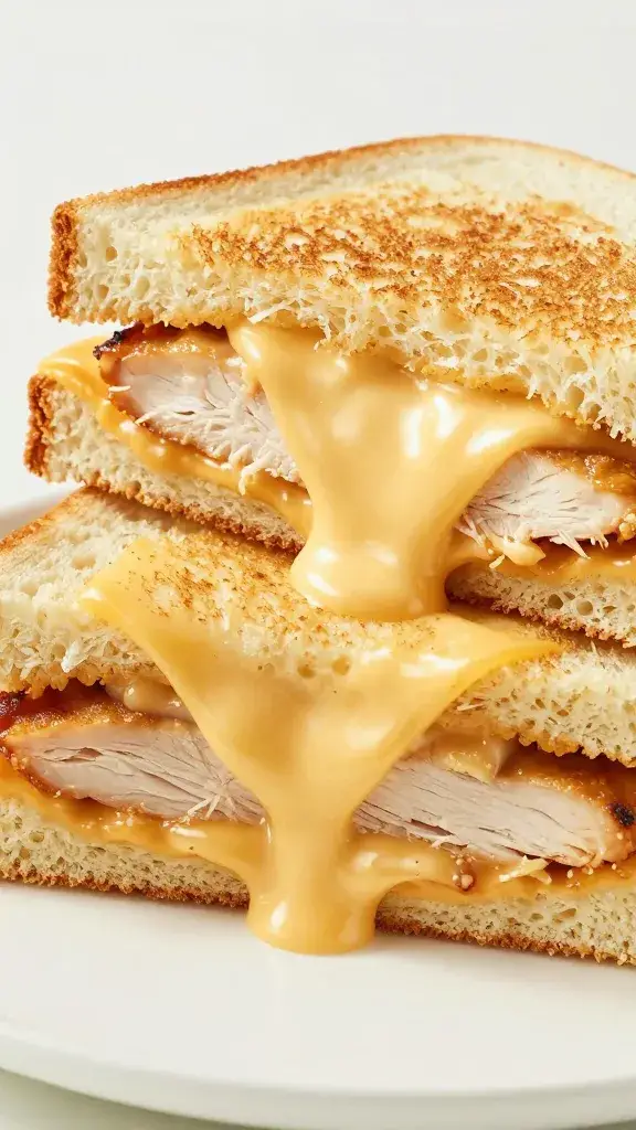cross-section chicken melt sandwich, gooey cheese pull