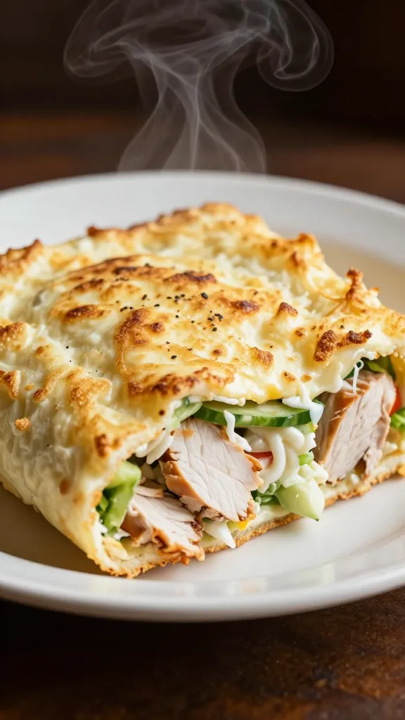 chicken salad melt on diner plate, crispy edges, steam