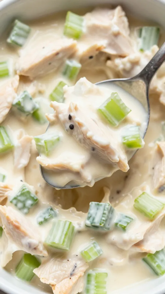 spoonful of creamy chicken salad, diced celery visible