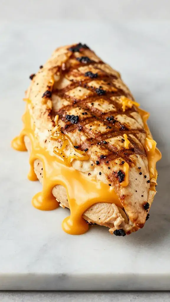 grilled chicken melt on marble board, melted cheddar drip