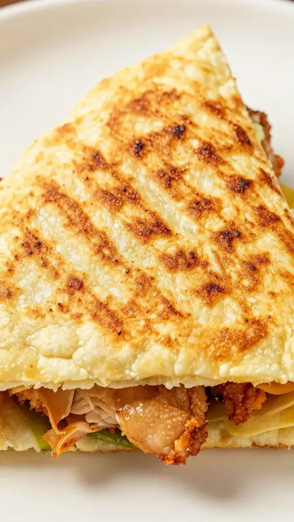 single triangle chicken melt, browned ridges, close macro