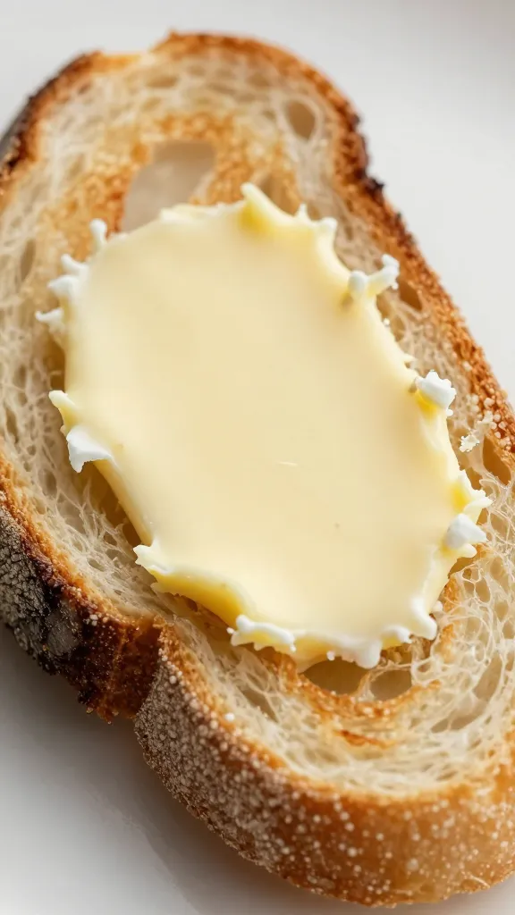 closeup of toasted sourdough slice brushed with butter