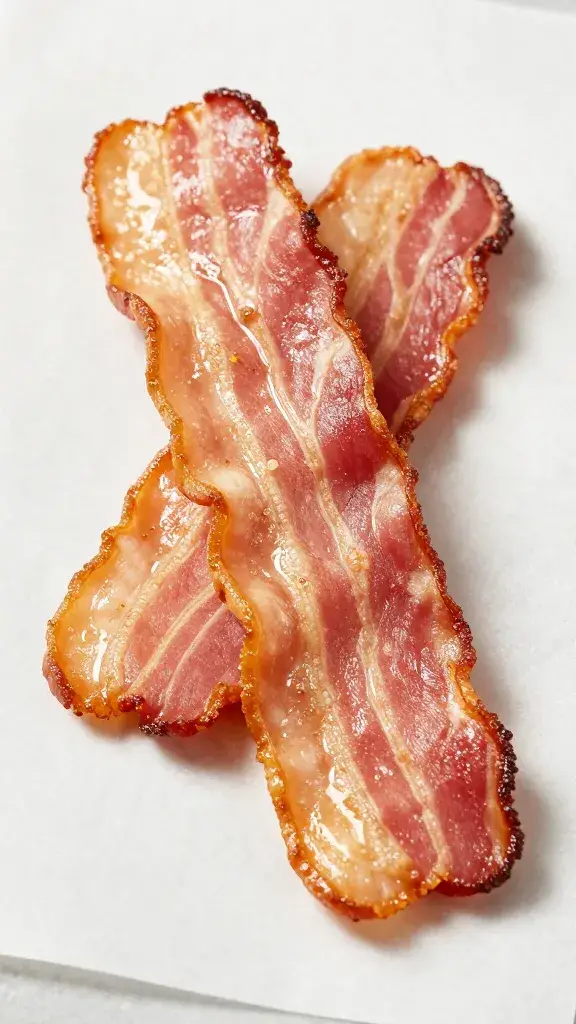 crispy bacon strip on parchment, glossy and golden