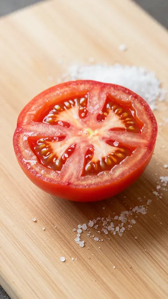 single tomato slice with coarse salt on cutting board