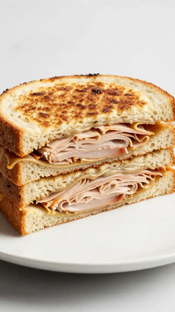 cross-section of stacked turkey melt on white plate