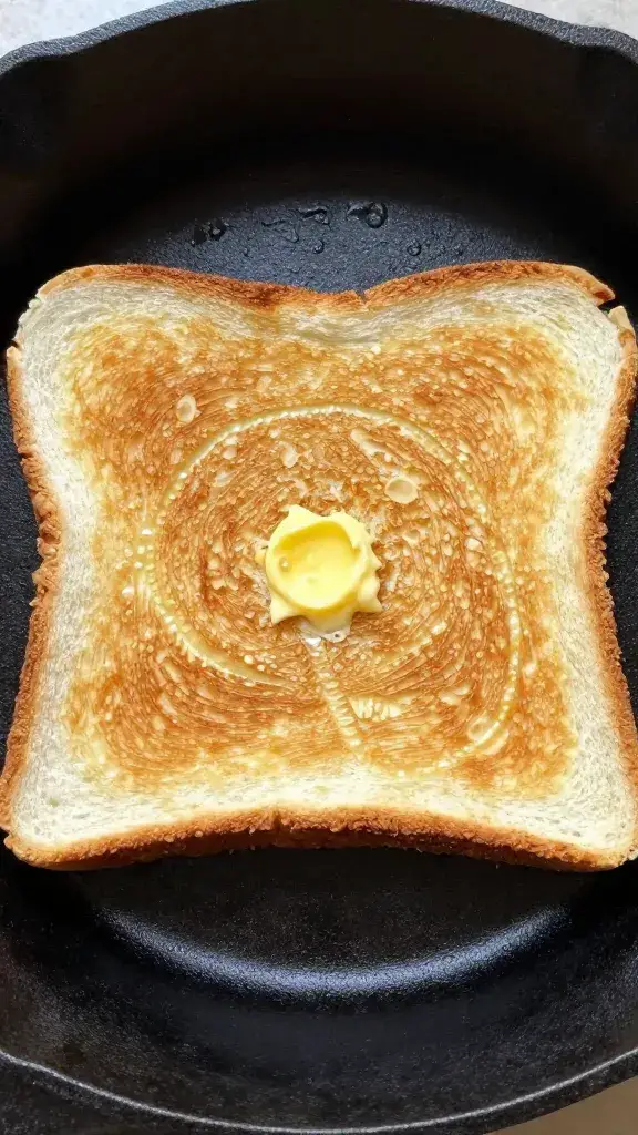 buttered cast-iron skillet surface with toast imprint