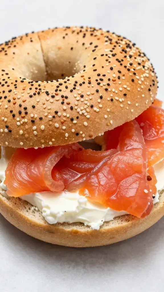 closeup sesame bagel with lox and cream cheese