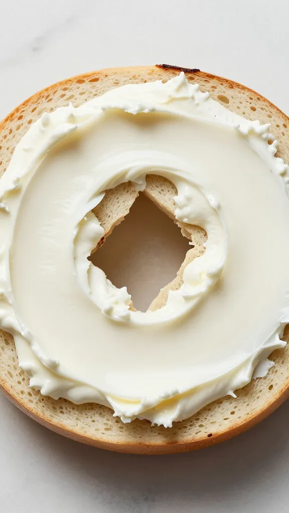 thick schmear of cream cheese on halved bagel