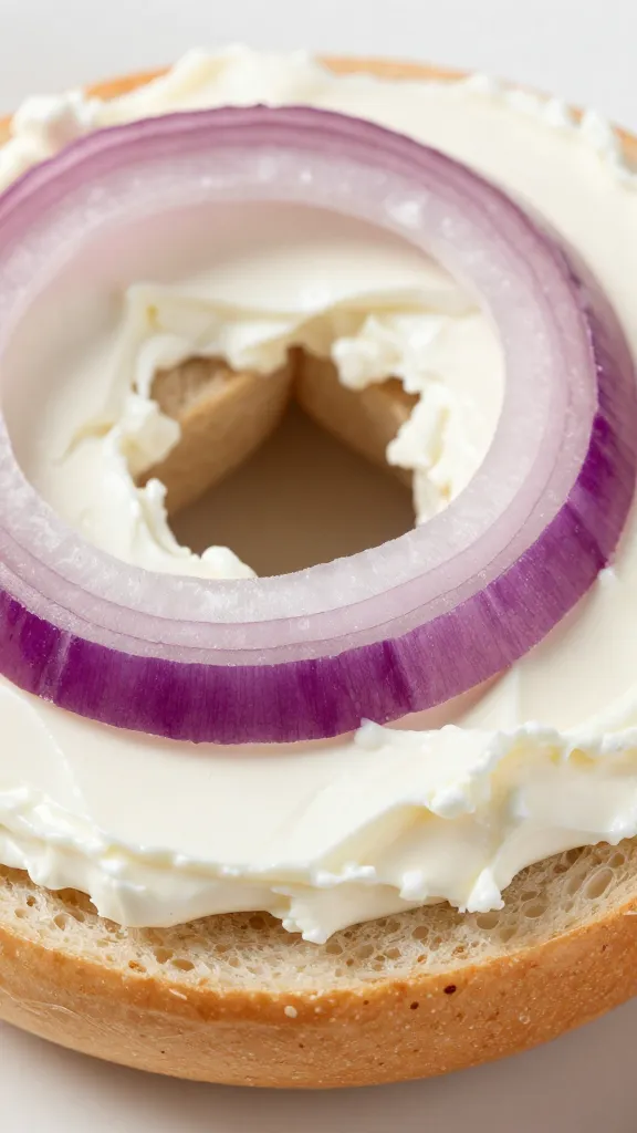 red onion ring on cream-cheese bagel closeup