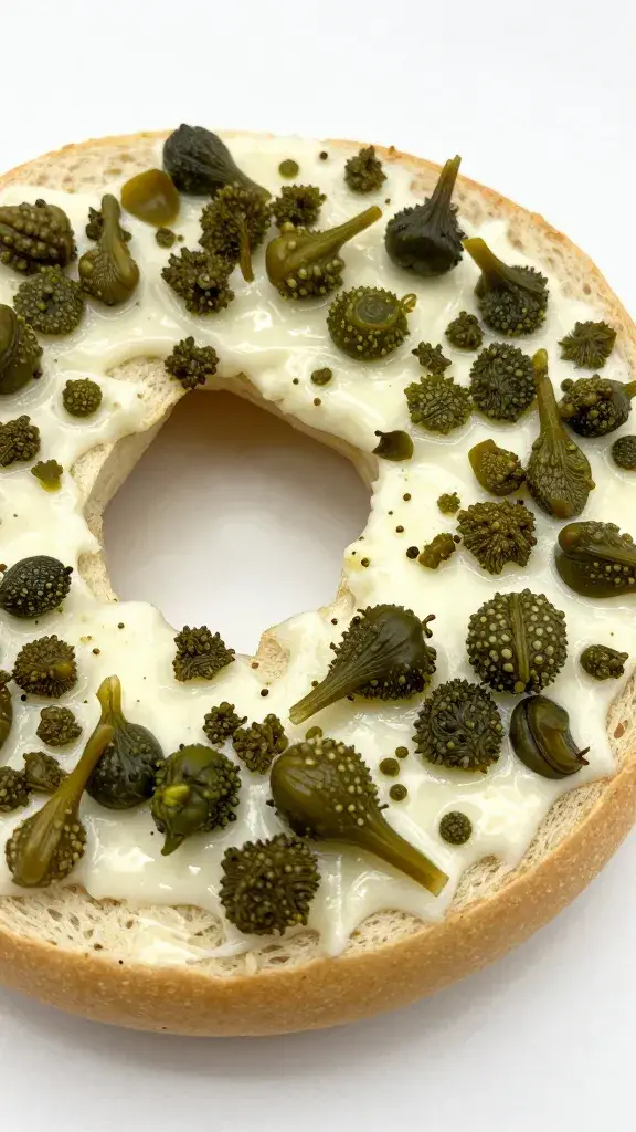 briny capers scattered on lox bagel