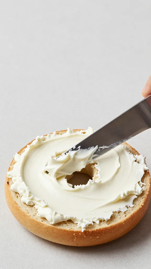 knife spreading cream cheese on warm bagel