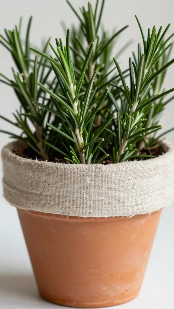 closeup terra-cotta pot of rosemary wrapped in linen