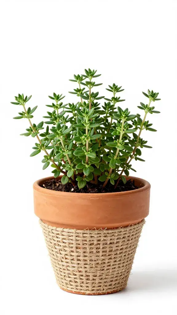 single thyme plant in twine-wrapped clay pot