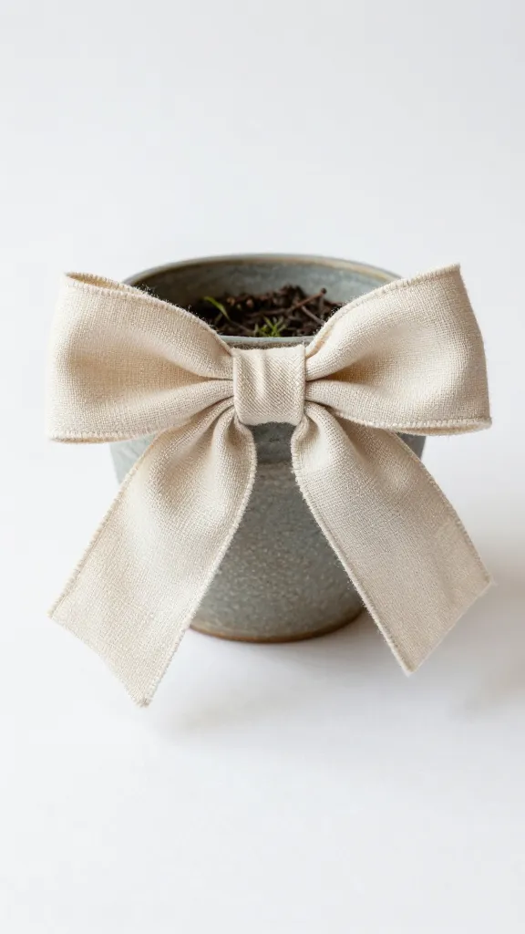 single linen bow tied around herb pot rim