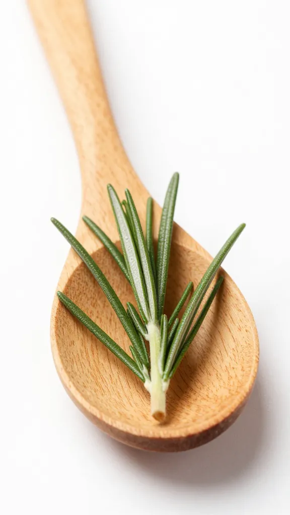 rosemary sprig resting on wooden salad spoon